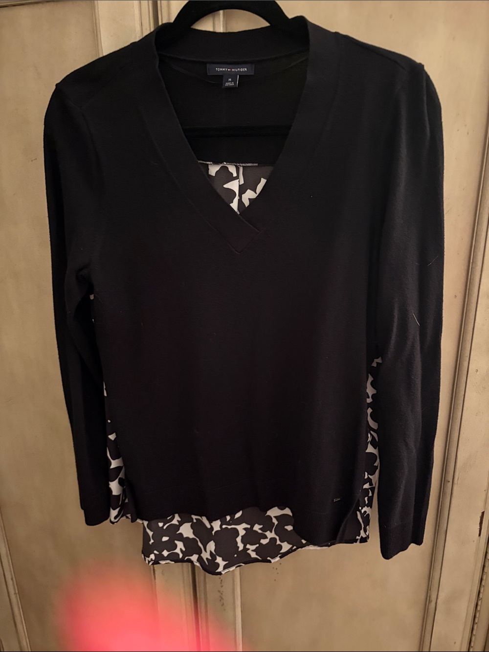 Tommy Hilfiger Black V-Neck Long Sleeve Top with Printed Layer